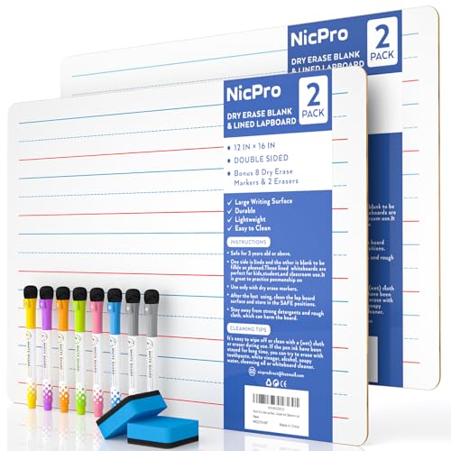 Nicpro Dry Erase Board with Lines 12 x 16 in, 2 Pack Kid Double Sided Lined White Board Dry Erase with 8 Pens, 2 Eraser, Small Learning Whiteboards for Kids, Students, Homeschool Essentials Supplies - color: Lined, size: 2 Pack 12 × 16 inches