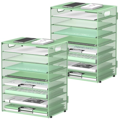 DALTACK 9-Tier Paper Organizer for Desk, Mesh Letter Tray Desk Organizer with Handles, Space-Saving File Organizer for Office Home School Classroom, Mint Green, 2 Pack - color: Green-2p