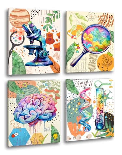 Framed Science Canvas Wall Art Prints,Microbiology Chemistry Wall Art,Science Exploration Art Poster,Boho Watercolor Prints for School Laboratory Classroom Library Decor 4 Set(8"x10") - color: 8 X 10inch - Framed- Science Wall Prints