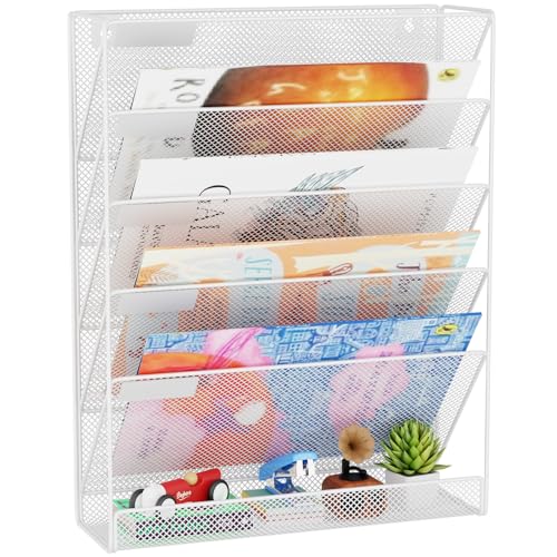 Wall File Organizer Holder Mesh Hanging Paper Document Holder,Vertical 6 Pocket Tier for Office Home, White - color: White, size: 6 Tier Ver.A