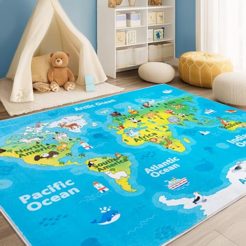 Kids Playroom Rug, 5x7ft World Map Play Mat with Cute Animals, Washable Durable Soft Carpet Kid Educational Rugs for Boys Girls Bedroom Nursery Classroom - color: World Map Rug, size: 5x7 Feet