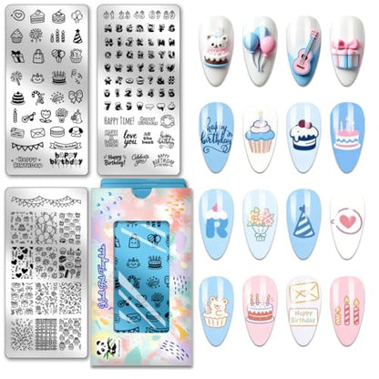 PH PandaHall 3pcs Happy Birthday Nail Stamping Plates Cake Candles Nails Art Templates Balloon Gifts Nails Design Stamp Letters Numbers Nail Image Plates for Women DIY Manicures Salon Supplies - style: Happy Birthday