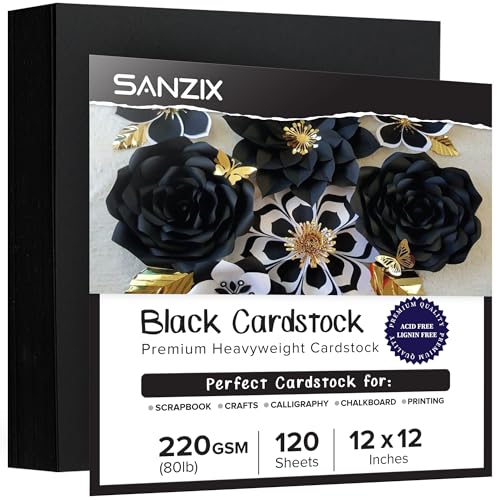 SANZIX 120 Sheets Black Cardstock 12x12 - Heavyweight 80 Lbs 220 GSM Black 12x12 Cardstock for Crafts | Laser & Inkjet Printer Compatible, Perfect for Halloween Decorations, Scrapbooking, Invitations - size: 12" x 12"