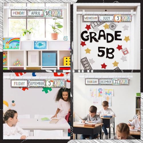Tenare 115 Pcs Composition Notebook Classroom Calendar Set Composition Flip Calendar with 54 Date Cards 50 Festival Stickers Adjustable Rod Holder with O-rings for Classroom Back to School Supplies - style: Composition Notebook