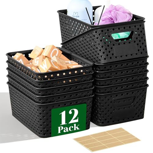12 Pack Plastic Storage Baskets for Organizing, Storage Baskets for Shelves with Handles, Small Storage Bins with Labels, Organizer Baskets for Cabinet,Closet, Office,Black - color: Black