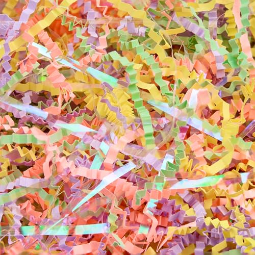 PAPER FAIR Iridescent Easter Grass Crinkle Cut Paper, 5OZ Green Yellow Purple Blush Paper Shred Filler Mix Strand Raffia Tissue Craft Bedding Cushion, Party Birthday Gift Box Basket Retail - color: Iridescent Easter