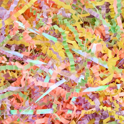 PAPER FAIR Iridescent Easter Grass Crinkle Cut Paper, 5OZ Green Yellow Purple Blush Paper Shred Filler Mix Strand Raffia Tissue Craft Bedding Cushion, Party Birthday Gift Box Basket Retail - color: Iridescent Easter