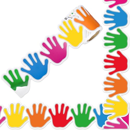 FYSUIMU 32.8 Ft Colorful Handprint Bulletin Board Border Back to School Border Trim Self Adhesive Bulletin Board Stickers Roll for Classroom Office Chalkboard Party Decor