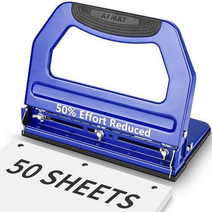AFMAT 3 Hole Punch Heavy Duty, 9/32" Holes, 50-Sheet Hole Puncher 3 Ring, 50% Reduced Effort, Adjustable Two & Three Hole Punch, Metal Paper Puncher w/Large Chip Tray, Metal Paper Guide, Blue, HP18 - color: Blue
