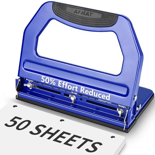 AFMAT 3 Hole Punch Heavy Duty, 9/32" Holes, 50-Sheet Hole Puncher 3 Ring, 50% Reduced Effort, Adjustable Two & Three Hole Punch, Metal Paper Puncher w/Large Chip Tray, Metal Paper Guide, Blue, HP18 - color: Blue