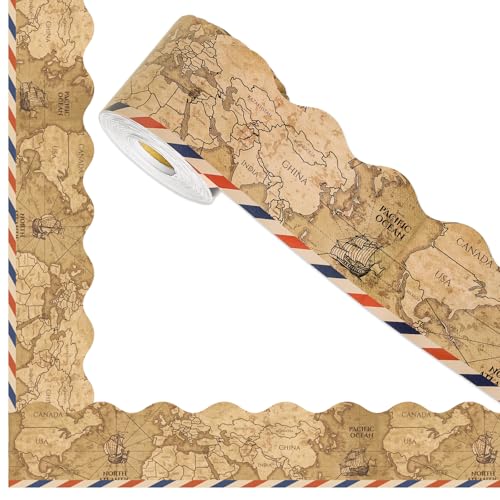 FYSUIMU 65.6 Ft Vintage Travel The Map Bulletin Board Border Retro Explore World Scalloped Die Cut Trim Back to School Border Sticker Roll for Home Classroom Party Wall Decoration - style: Vintage