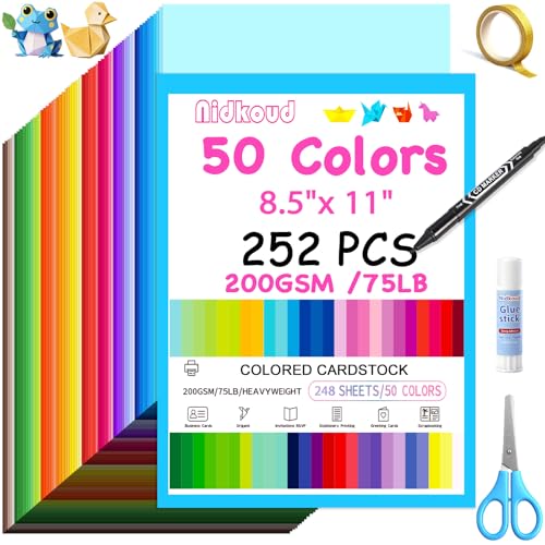 252PCS Colored Cardstock 8.5" x 11", 50 Assorted Colors Construction Paper Bulk for Crafts, Thick Card Stock Printer Paper for Scrapbooking, Card Making, Kids School Supplies and Party(200GSM) - size: 252PCS