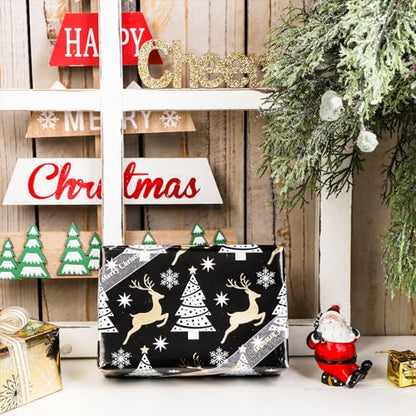 LeZakaa Black Gold Christmas Wrapping Paper Mini Roll, Reindeer Snowflake Tree Grid Metallic Foil Holiday Gift Wrap, DIY Craft, for Xmas Winter Party, 17 x 120 inches, 3 Rolls - color: Reindeer, Snowflake, Grid