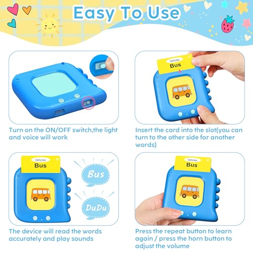 Talking Flash Cards,Kids Toddler Flash Cards with 240 Sight Words,Montessori Toys,Autism Sensory Toys,Speech Therapy,Learning Educational Gifts for Age 4 5 6 Years Old Boys and Girls - style: Dinosaur Blue