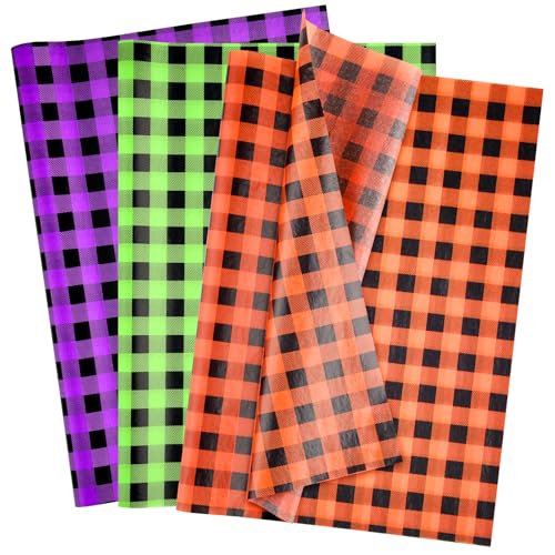 NEBURORA 60 Sheets Halloween Tissue Paper 14 x 20inch Orange Green Purple Buffalo Plaid Wrapping Paper for DIY Craft Gift Bags Halloween Party Supplies - color: orange, green, purple