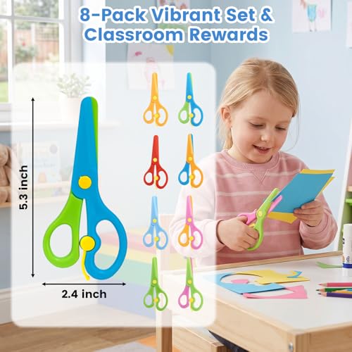 LovesTown Kids Scissors, 8PCS Blunt Tip Training Safety Scissors Stocking Stuffer for Toddler & Children, Anti-Pinch Design, Child Hand-Eye Coordination Development, Art Craft Cutting Paper Supplies