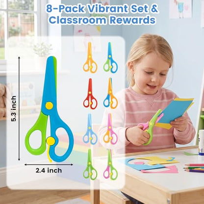 LovesTown Kids Scissors, 8PCS Blunt Tip Training Safety Scissors Stocking Stuffer for Toddler & Children, Anti-Pinch Design, Child Hand-Eye Coordination Development, Art Craft Cutting Paper Supplies