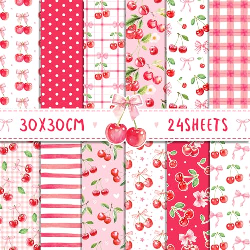 Pink Cherry Scrapbook Paper Cerise Grid Pattern Papers Pad 12×12,24 Sheets Double-Sided Spring Bobo Floral Scrapbooking CardStock Paper Pad for Holiday Cardmaking DIY Origami Papers. - color: WW182