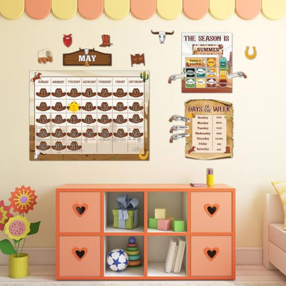 Western Cowboy Calendar Bulletin Board Set for Classroom Decoration Wild Western Calendar Seasons Weather Chart Brown Cowboy Bulletin Board Paper-Cuts for Teachers Elementary School Classroom - style: Western Cowboy