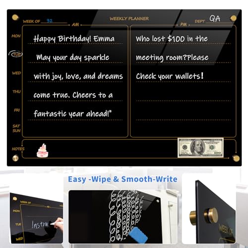 "Magnetic Planner Black Glass Board 24"X36" Weekly Glass Calendar Glassboard Premium Tempered Dry Erase Board Frameless Wall Mounted (Black)" - size: 36"W x 24"H