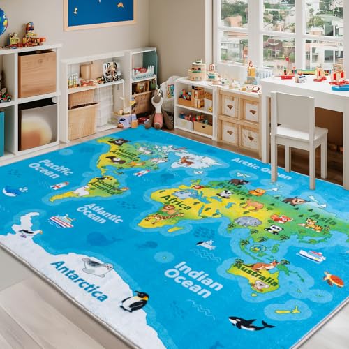 Kids Playroom Rug, 7x9ft World Map Play Mat with Cute Animals, Washable Durable Soft Carpet Kid Educational Rugs for Boys Girls Bedroom Nursery Classroom - color: World Map Rug, size: 7x9 Feet