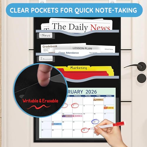 ALSLEA 4 Pockets Hanging Wall File Organizer 15" Extra Wide Pocket Chart for Classroom, Office, Home, Mail Organizer Wall Mounted with 1 Writable Clear Pocket, 5 Wall/ Door Hooks & 12 Labels (Black) - size: Small (4 Pockets)