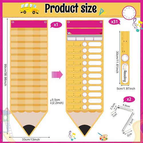 Pasimy Daily Schedule Pocket Chart with 31 Pencil Cards and 14 Pockets Pencil Schedule Charts Back to School Classroom Decor for School Office Home Educational Activity Supplies - style: Pencil Pocket Chart