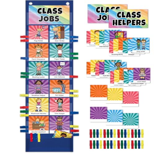 Classroom Jobs Pocket Chart with 47 Cards, Class Management Helpers for Preschool Elementary Homeschool, Teachers Must Haves Educational Supplies for Students - color: Blue