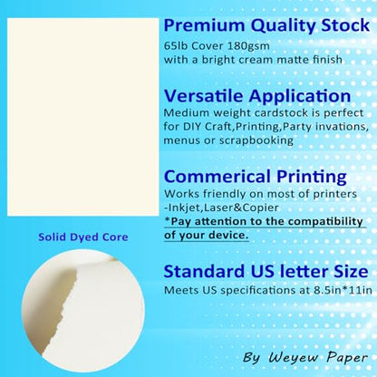 100 Sheets 65lb Cream Cardstock, 8.5" x 11", Printer Off-White Paper for DIY Craft Card Making Premium Card Stock Blank Invitation Paper Greeting Cards, 65LB Cover 180 GSM - color: Cream, size: 65lb-100sheets