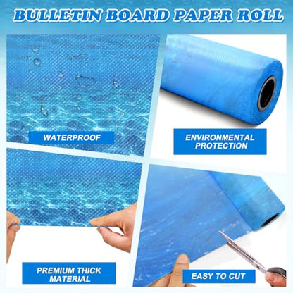 Ocean Sea Bulletin Board Paper Roll,14.8FTx47IN Large Reusable Waterproof Erasable Classroom Wall Background Backdrop, Fade-Resistant Fabric Wrapping Paper School Decors Teacher Supplies - color: Under the Sea Blue
