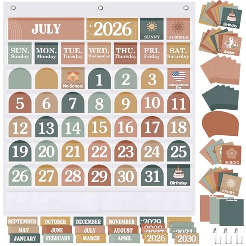 Sinload Classroom Calendar Pocket Chart Set Calendar Bulletin Board Set Seasons Festival Weather Pocket Chart for Classroom Decoration Back to School Supplies(Modern Boho 2,White) - color: White, style: Modern Boho 2