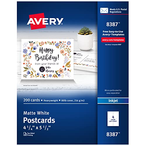 Avery Printable Postcards, 4.25" x 5.5", Matte White, 200 Blank Postcards for Inkjet Printers (8387) - size: 4.25" x 5.5"
