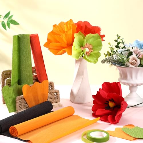 Gersoniel 57 Pcs Crepe Paper Flower DIY Kits 6 Rolls 35g Papel Crepe Sheets 50 Pcs Floral Iron Wire 10 Inch x 8 Feet 1 Roll 50 Meter for Birthday Party Wedding(Bright Series) - color: Bright Series