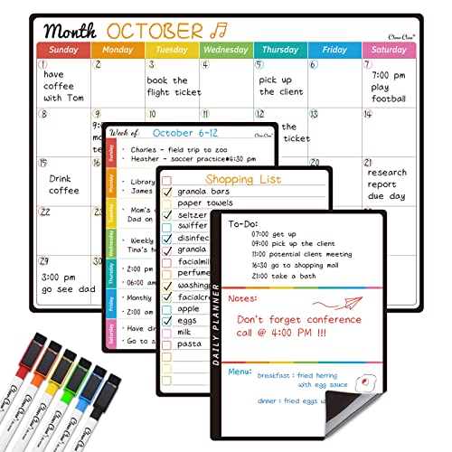Magnetic Dry Erase Monthly Calendar Set - 14.5"x11" Monthly Calendar, 6.5"x8.5" Weekly, Daily, List Boards for Fridge - 6 Extra Fine Point Markers Included - Shipped Flat - style: Month+Week+Daily+List