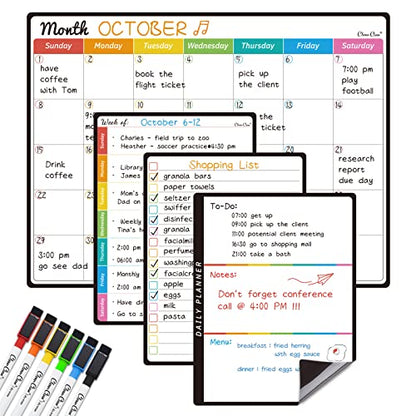 Magnetic Dry Erase Monthly Calendar Set - 14.5"x11" Monthly Calendar, 6.5"x8.5" Weekly, Daily, List Boards for Fridge - 6 Extra Fine Point Markers Included - Shipped Flat - style: Month+Week+Daily+List