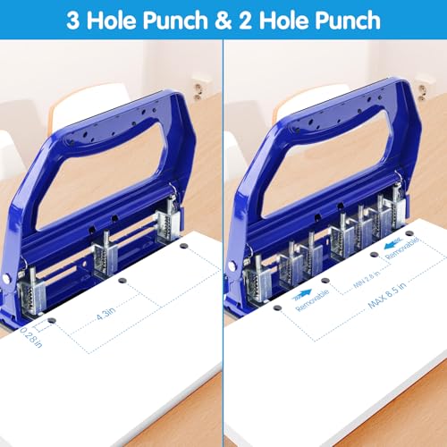 AFMAT 3 Hole Punch Heavy Duty, 9/32" Holes, 50-Sheet Hole Puncher 3 Ring, 50% Reduced Effort, Adjustable Two & Three Hole Punch, Metal Paper Puncher w/Large Chip Tray, Metal Paper Guide, Blue, HP18 - color: Blue