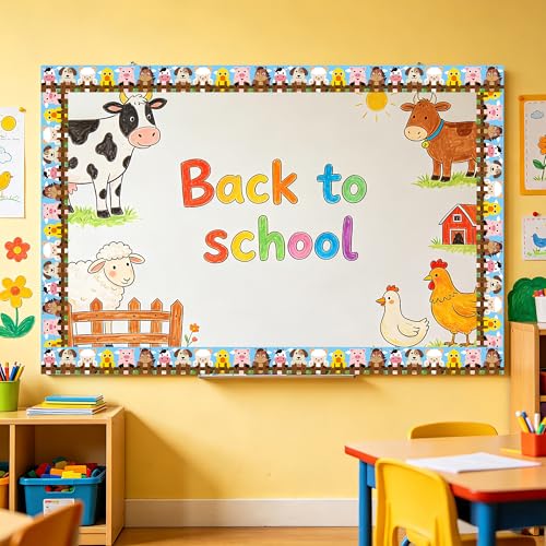 BeYumi Farm Animals Border Trim - 65ft Back to School Farm Animals Straight Rolled Border Trim Cute Cartoon Animal Bulletin Board Set School Classroom Office Farmhouse Chalkboard Party Holiday Decor - style: Farm Animal