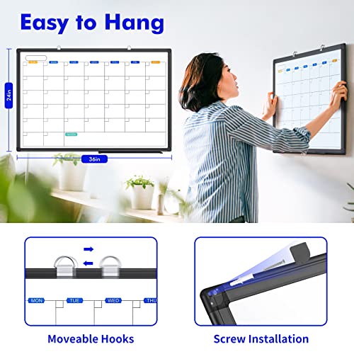 Magnetic Dry Erase Calendar Whiteboard 36" x 24" Aluminum Frame | Monthly planner board,wall mounted or hanging. Calendar design suitable for daily planning. Ideal for home, office, class - size: 36" x 24" Black Frame