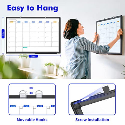 Magnetic Dry Erase Calendar Whiteboard 36" x 24" Aluminum Frame | Monthly planner board,wall mounted or hanging. Calendar design suitable for daily planning. Ideal for home, office, class - size: 36" x 24" Black Frame