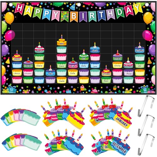 Pasimy Happy Birthday Pocket Chart Classroom Reusable Birthday Calendar Wall Hanging Chart with 144 Dry Erase Cards and 3 Hooks for School Classroom Bulletin Board Decor