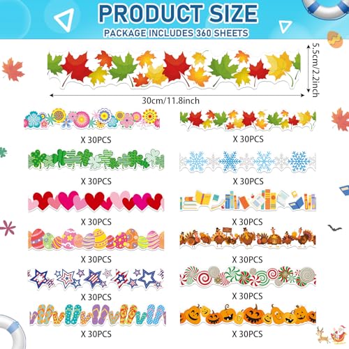 Geyee 360 Pcs Holiday Bulletin Board Borders Seasonal Bulletin Board Decorations Summer Beach Classroom Trim for Classroom School Wall Decor, 12 Design(Pretty) - style: Pretty