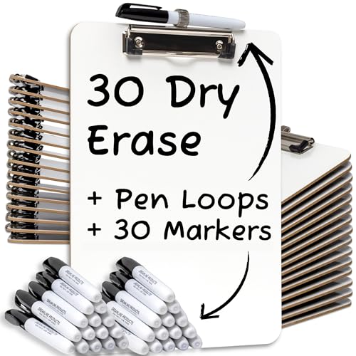 Dry Erase Clipboard (30pc Set) with White Board Markers | Small White Board Dry Erase Clipboards for Classroom, to Do List White Board Small Clip Boards - Class Pack, 30 Dry Erase Markers Included!