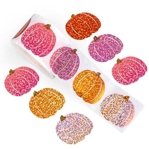 Whaline Fall Thanksgiving Pumpkin Stickers Roll Holographic Pink Orange Pumpkin Shape Seal Stickers Waterproof Self-Adhesive Decals for Envelope Scrapbook Autumn Party Supplies, 500 Pcs - style: Pink Pumpkin