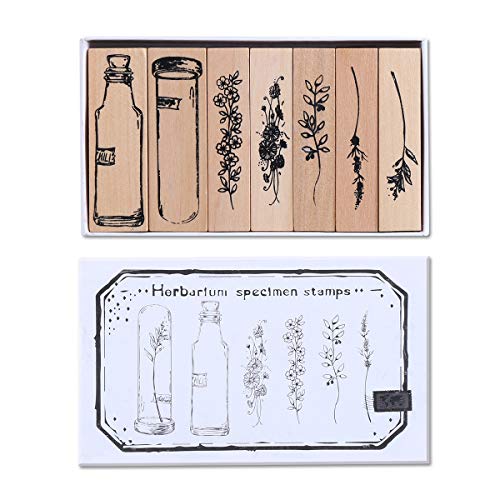 UCEC Wooden Plant Patterns Rubber Stamp, Plant and Flower Decorative Vintage Wooden Rubber Stamp Set for DIY Craft Card Scrapbooking Supplies Photo Album, Hand Book, Planner, Scrapbooking, 7Pcs - color: Wooden-plant Set a