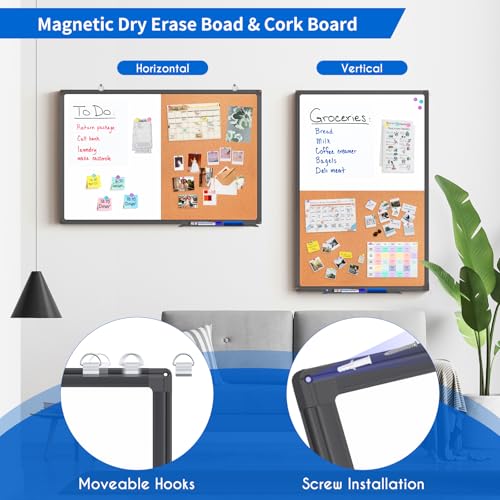 Magnetic White Board and Cork Board Combo, 36 X 24 inches Whiteboard Bulletin Combination Board, Wall Mounted Dry Erase Message Board for Home, School and Office, Black - size: 36 x 24 inch Black