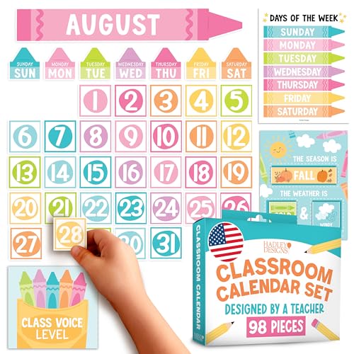 Classroom Calendar Set Bulletin Board Decor – 98 pcs School Calendar for Classroom Elementary & Preschool, Bulletin Board Decorations with Weather Chart & Seasons, Crayon Teacher Must Haves - color: Crayon