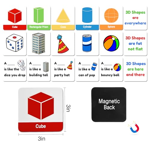 Magnetic 3D Shapes Flash Cards, Geometric Solids Matching Game, Educational Learning Aids & Math Manipulatives for Classroom and Home - color: 3d Shapes & Pictures-18p,colorful