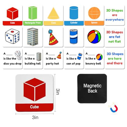Magnetic 3D Shapes Flash Cards, Geometric Solids Matching Game, Educational Learning Aids & Math Manipulatives for Classroom and Home - color: 3d Shapes & Pictures-18p,colorful