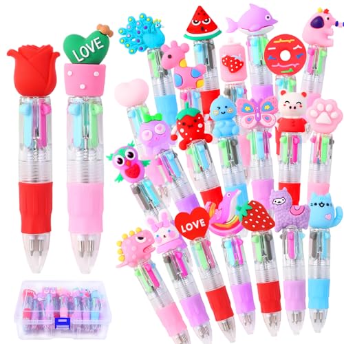 Vellibring 24PCS Valentines Fun Pens 0.7mm Cute Animal Multicolor Ballpoint Pens Retractable 4 Colors in One Valentines Stationery Party Favors School Supplies Students Rewards - style: Valentines-24cs
