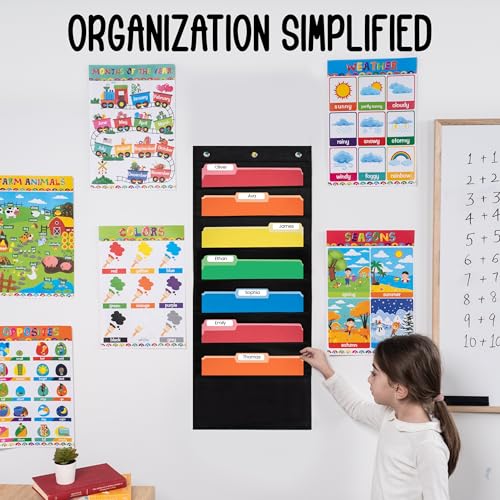 Essex Wares - 7 Pocket File Pocket Chart, Black, Tall - Versatile Wall Hanging File Folder Organizer for Classroom, Office, Home, and More - Wall Folder Organizer - 7 Pockets - size: 7 Pocket
